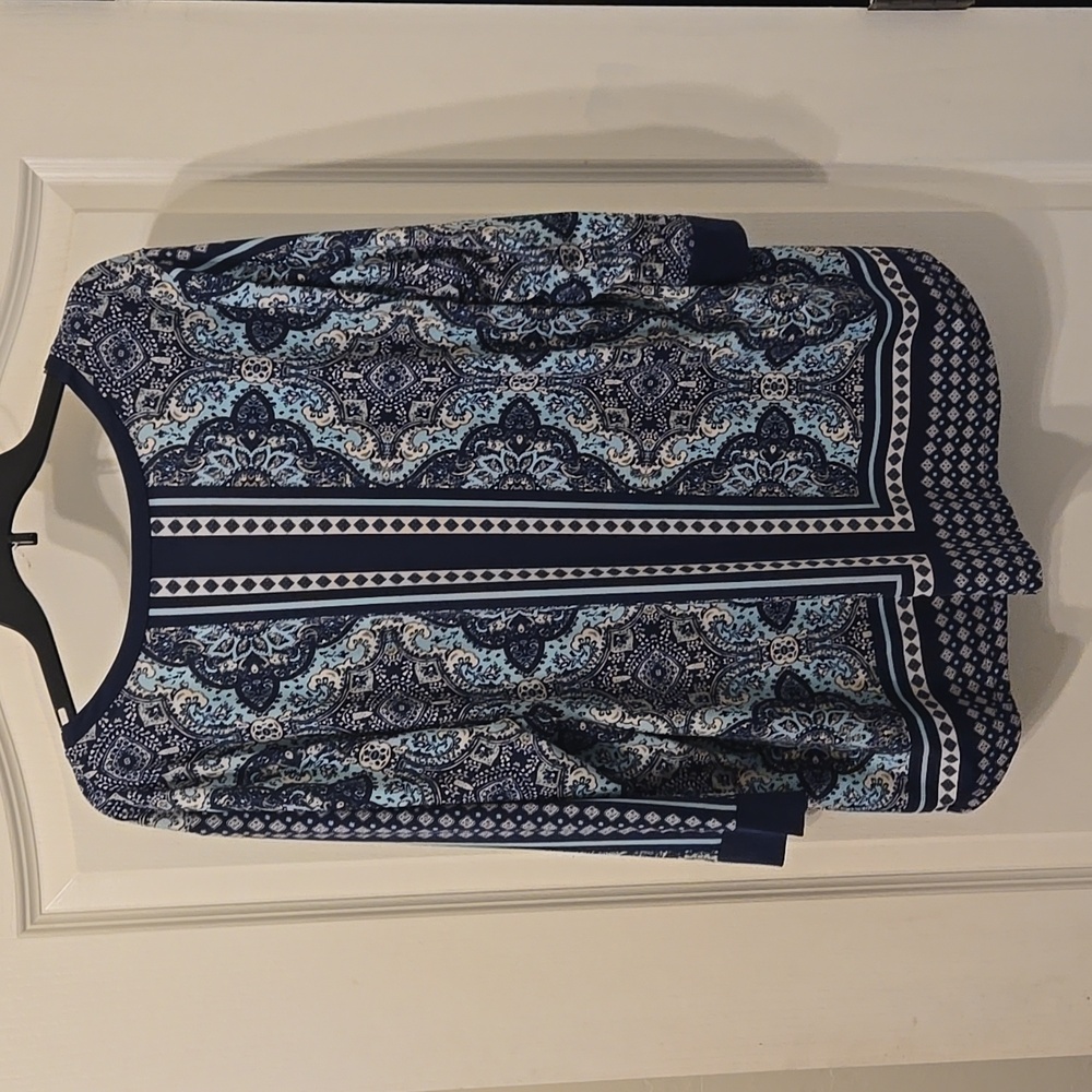 ⛱️Belle Kim Gravel Aqua Print Zip Front 3/4 Sleeve Top Size XL - Picture 5 of 9